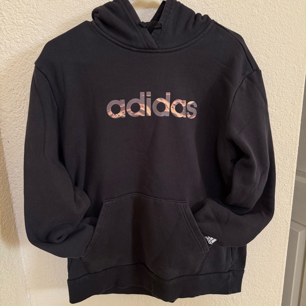 Adidas Hoodie Black Leopard Logo Fleece Pullover Women’s Large